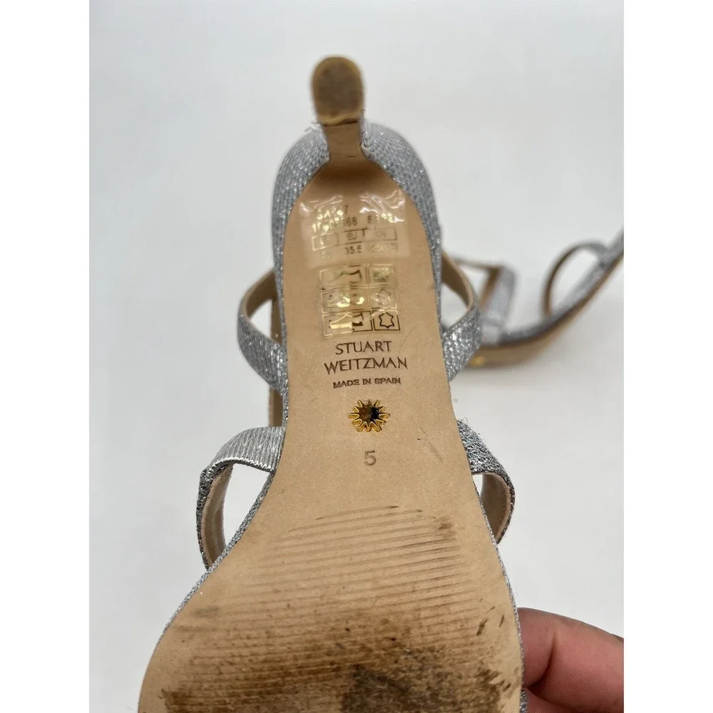 Stuart Weitzman Soiree 100 Silver Metallic Strappy Slingback Heels Womens 5